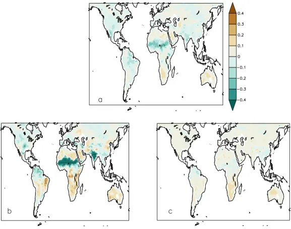Figure 8. Contribution of the day-to-day variability of the thermal inertia to the day-to-day variability of the surface tem- tem-perature (V C;moist , see text) in JJA: (a) V C;moist is plotted for the mean surface temperature, (b) V C;moist is plotted fo