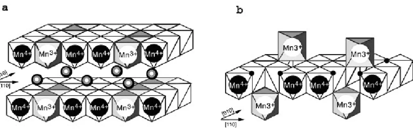 Figure 1. Structure of triclinic birnessite (a)with Na interlayer cations and hexagonal (low pH)  birnessite (b)