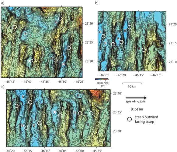 Figure 6. Examples of areas of extended terrain. (a–c) Bathymetry data contoured at 50 m intervals; locations are shown in Figure 1