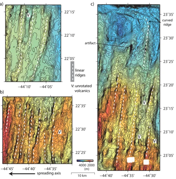 Figure 3. Examples of volcanic bathymetric morphology, contoured at 50 m intervals. Locations are shown in Figure 1