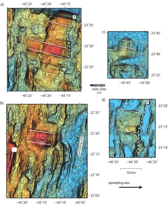 Figure 4. Examples of corrugated core complexes. Bathymetry data are contoured at 50 m intervals, and locations are shown in Figure 1.