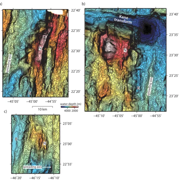 Figure 5. Examples of noncorrugated core complexes (labeled N). Bathymetry data are contoured at 50 m intervals, and locations are shown in Figure 1