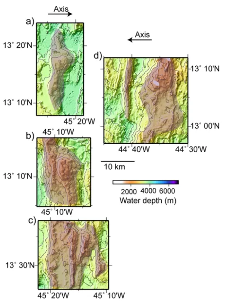 Figure 9. Examples of off-axis core complexes in the 13°N segment. Bathymetry maps are contoured at 250-m intervals and all are plotted at the same scale