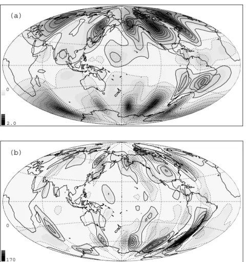 Figure 5. Radial magnetic field (a) and secular variation (b) on the outer boundary for case 2