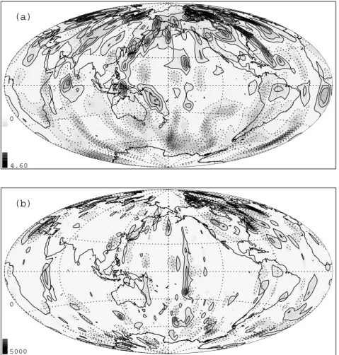 Figure 7. Radial magnetic field (a) and secular variation (b) on the outer boundary for case 3