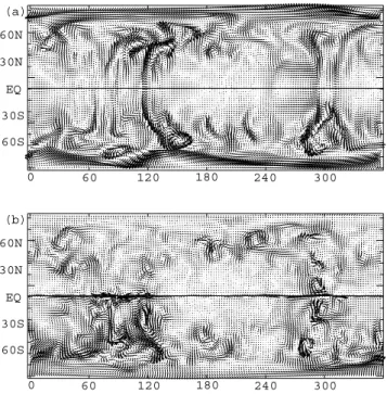 Figure 10. dynamo velocity (a) and imaged velocity (b) for case 4 with k = 0.1 and tangential magnetic diffusion