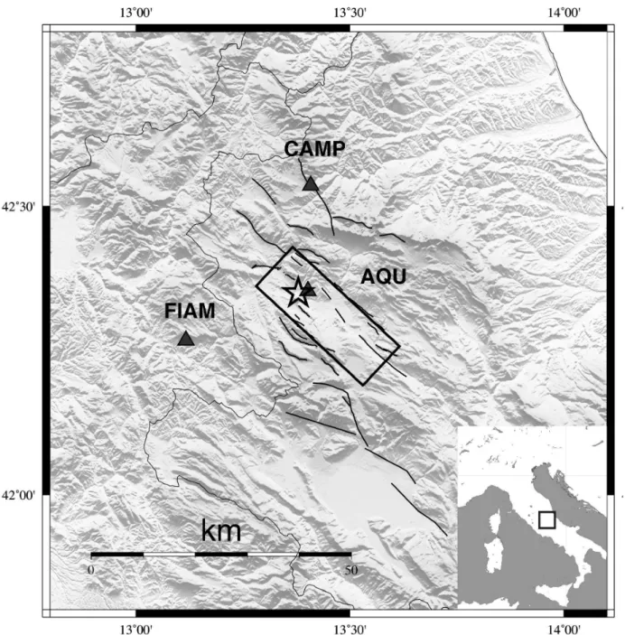 Figure 1. Map of the central Apennines showing the location of the L’Aquila epicenter (black open star) and of the fault plane projection (black rectangle) from Cirella et al