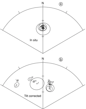 Figure 6. Site mean directions of component A and associated α 95 . (a) In situ coordinates