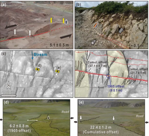 Fig. 2. (a, b) Geomorphic offsets along the surface ruptures associated with the 1957 M W 8.1 Gobi-Altay, Mongolia,  earthquake (from Choi et al., 2012) and the 2016 M W  6.2 Central Italy earthquake (photo taken on 14th Sep