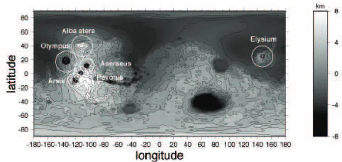 Figure 3. Position and size of the localization windows used in this study superimposed on a global topography on Mars.