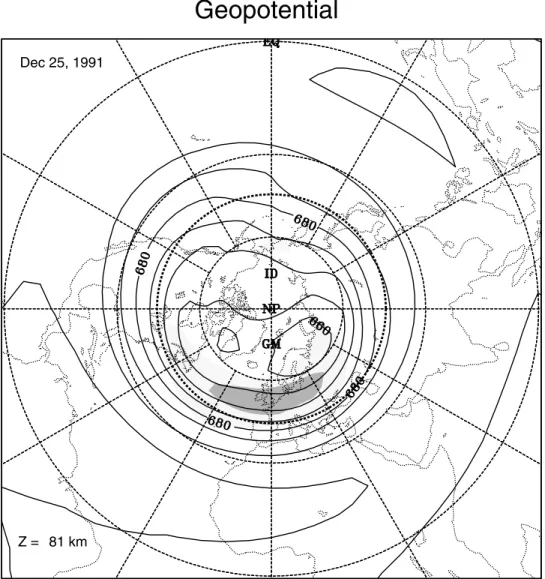 Figure 8. Synoptic map of geopotential (m 2 /s 2 ) at 70 km on 25 December 1991, scaled by 1000, derived from UARS observations