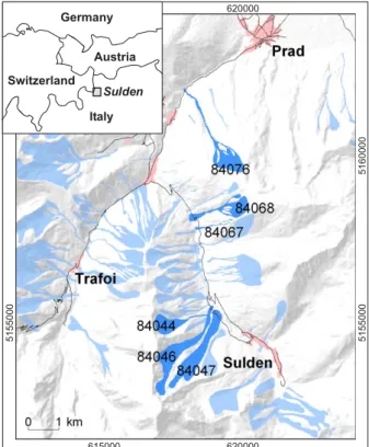 Fig. 1. Study area Sulden Road, Ortles Alps, South Tyrol, Italy. In slight blue, the dataset of the avalanche observation database of the Autonomous Province of Bolzano – South Tyrol is illustrated
