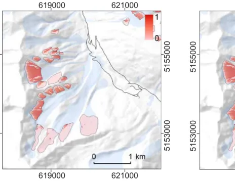 Fig. 5. Computed subset of the avalanche paths (red colour) threat- threat-ening the road due to the environmental conditions on 2 May 2001.