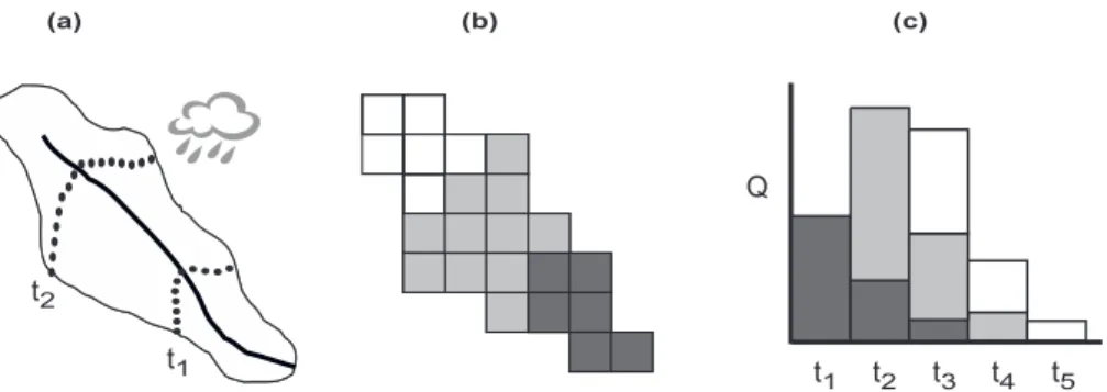 Fig. 3. Channel routing by a spatially distributed unit hydrograph approach: (a) a catchment can be divided into areas of isochrones; (b) isochrones are determined according to the mean travel time of channel water flows from a given cell to the catchment 