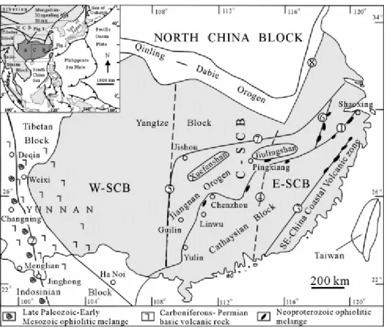 Fig. 1. Simplified tectonic map of the South China Block (SCB), showing its importance in  the Southeast Asian region