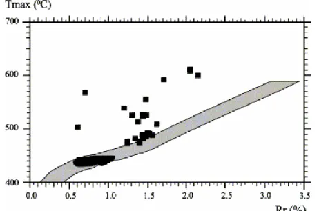 Fig. 1. R r /T max   diagram  (after  Copard  et  al.,  2000). The grey area corresponds to the R r /T max