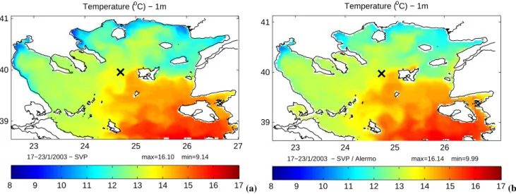 Fig. 9. Sea surface temperature weekly averaged for 17–23 January 2003 as simulated by (a) the N