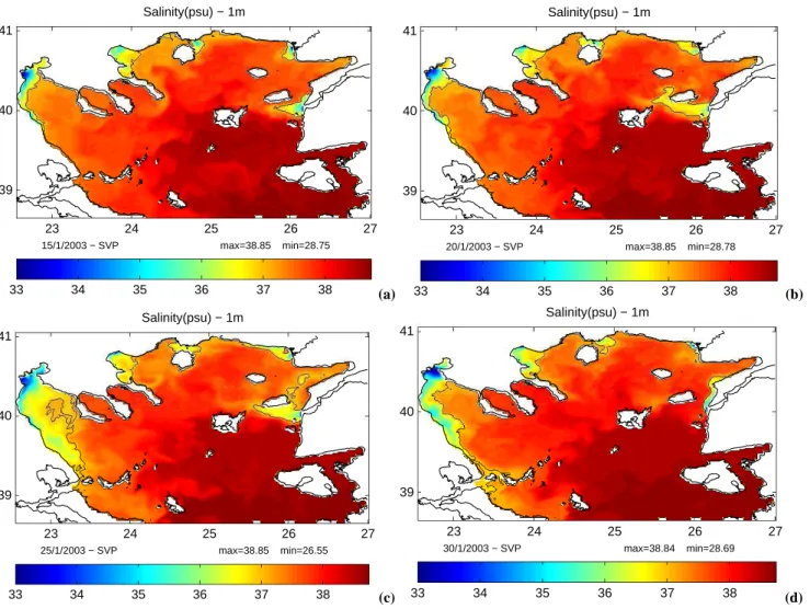 Fig. 11. Daily averaged, model simulated near surface salinity from the N. Aegean model (NAS Case III) on (a) 15/1/2003; (b) 20/1/2003;