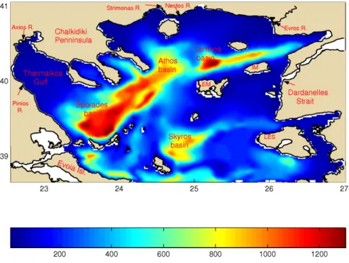 Fig. 1. The bathymetry of the North Aegean Sea (NAS) model, sub-basins and rivers. LES: Lesvos island; LEM: Lemnos island; IM: Imroz island.