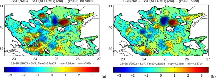Fig. 6. Difference in the simulated sea surface height between the nested (a) NAS model case II (kb=25, no Vinit); (b) NAS model Case III (kb=25, Vinit) and the outer ALERMO model: SSH(NAS)-SSH(ALERMO), averaged for 22–28 January.