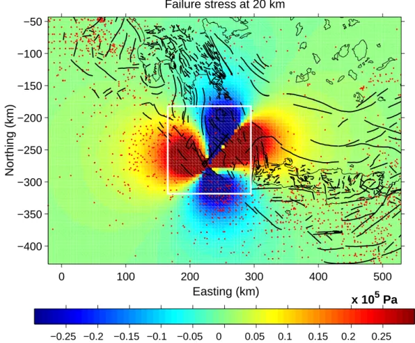 Fig. 8a. Failure stress due to a NE-SW oriented strike – to oblique-slip fault (thick black line, ϕ = 35 ◦ , δ = 80 ◦ , λ = −35 ◦ ), capable of producing an M S = 7.1 earthquake in a homogeneous medium with Young’s modulus 7 · 10 7 Pa