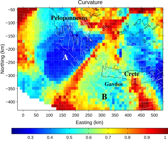 Fig. 5. Map of the curvature at the optimal radius, C(R c ). Grid dimension is 0.1 ◦ .
