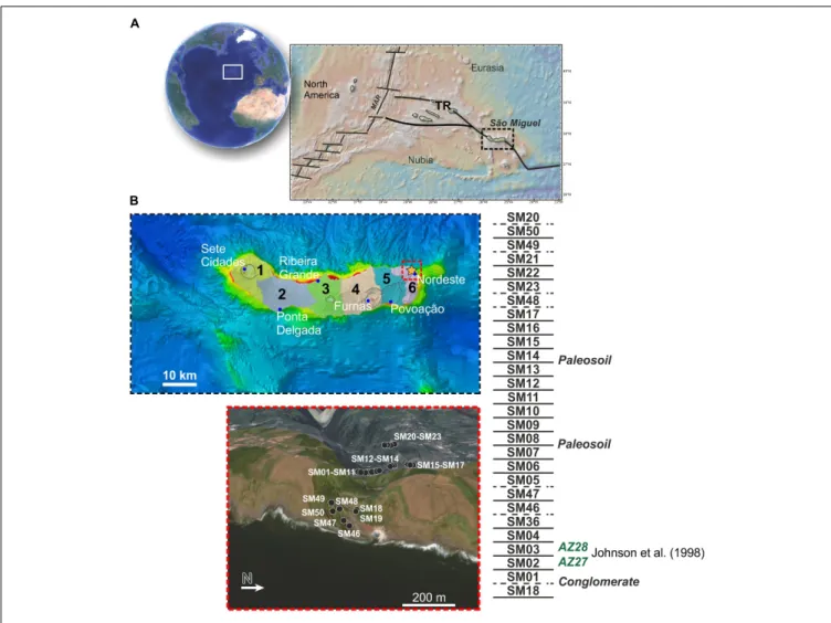 FIGURE 1 | Regional setting of the study area. (A) location of the Nordeste section (yellow star) within São Miguel Island and position of the samples studied throughout the valley; (B) stratigraphic succession of the samples.
