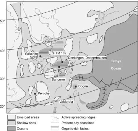 Figure 1. Paleogeographic location of studied sites (white circle) and previous studied sites (black circles) as discussed in the text