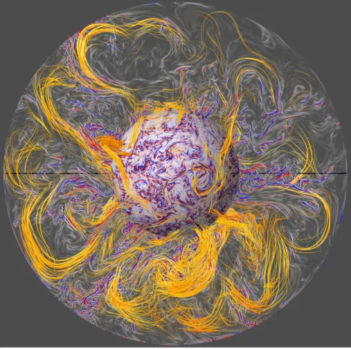 Fig. 8. Polar view of the axial vorticity field ω // from case qDNS2 at 29 percent of the path, presented in the entire equatorial plane and at radius r/D = 0.545, with black lines delineating the cut presented in Fig