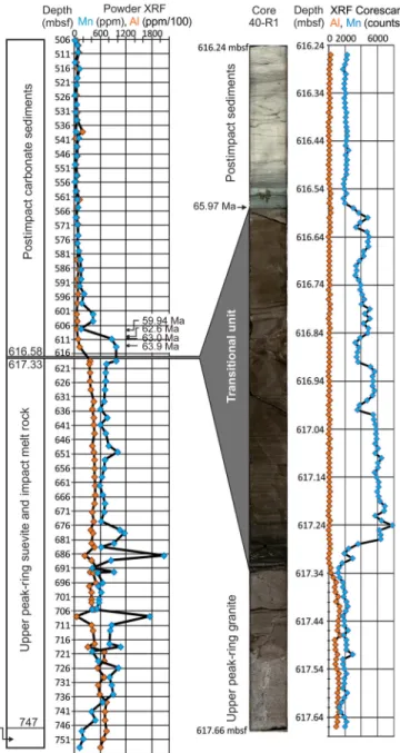 Fig. 5. Manganese anomaly. Manganese is strongly enriched in the transitional  unit that is interpreted as sediment deposited in the immediate wake of the impact  (15)