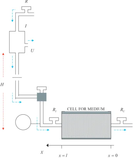Fig. 2. Experimental device used in this study. A water column of height equal H generates a pressure on one side of the porous medium