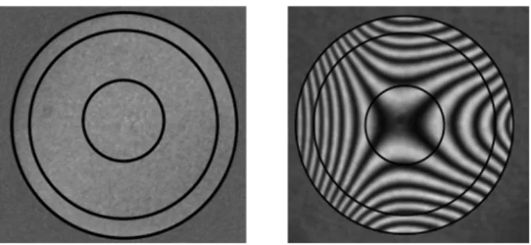 Fig. 10. Flat interferogram at the end of the stress polishing (left) and the final Interferogram with the force released (right) 