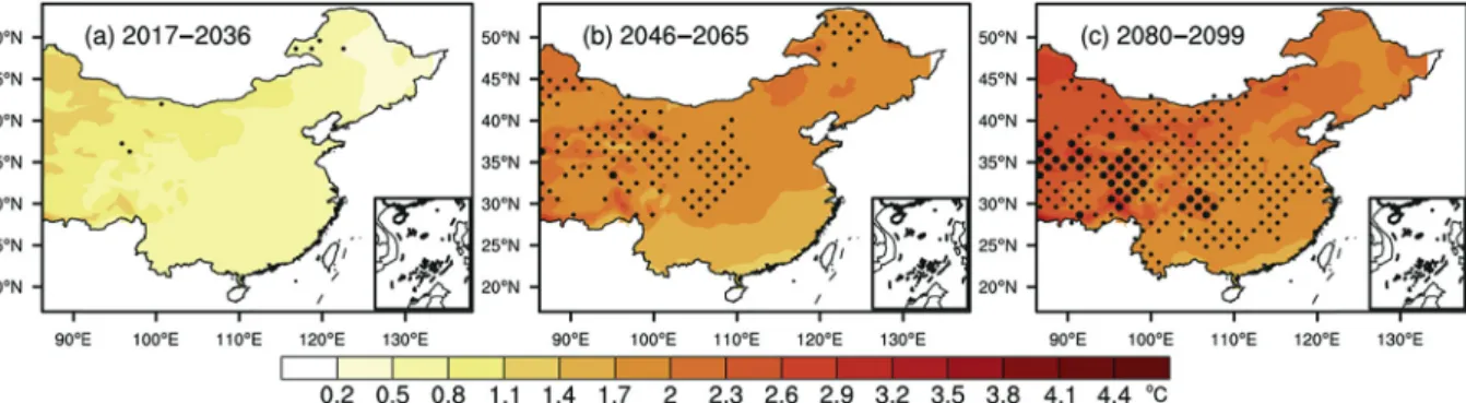 Fig. 10. Spatial distribution of heat wave indice changes relative to 1968 e 2005: (a) 2017 e 2036, (b) 2046 e 2065, and (c) 2080 e 2099; black dots indicate models spreads; in the areas without black dots, the model spreads are less than 0.8 d.