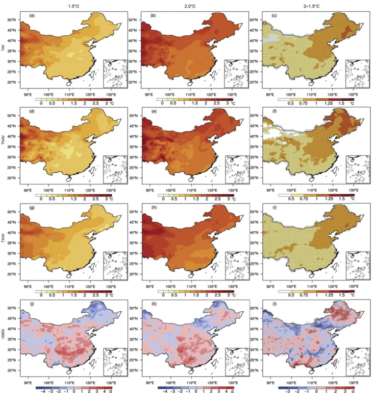 Fig. 11. Spatial distributions of extreme indices changes over central and eastern China (relative to 1986e2005 period) for global warming at 1.5  C (left column), 2  C (middle column) and 2 e 1.5  C (right column) in the RCP4.5 emission scenario, black do