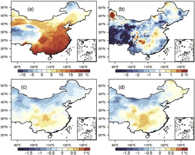 Fig. 3. Spatial pattern of bias between observed mean daily temperature and simulations during 1981 e 2005: (a) observation, (b) observation minus model simulation, (c) EDCDFm simulation minus observation, and (d) CDF-t simulation minus observation.