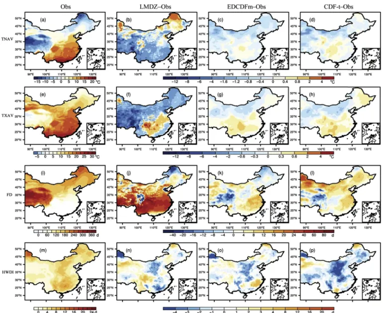 Fig. 6. Spatial pattern of extreme indices for the observed (first column), biases between observation and model (second column), biases between observation and EDCDFm (third column), and biases between observation and CDF-t (fourth column).