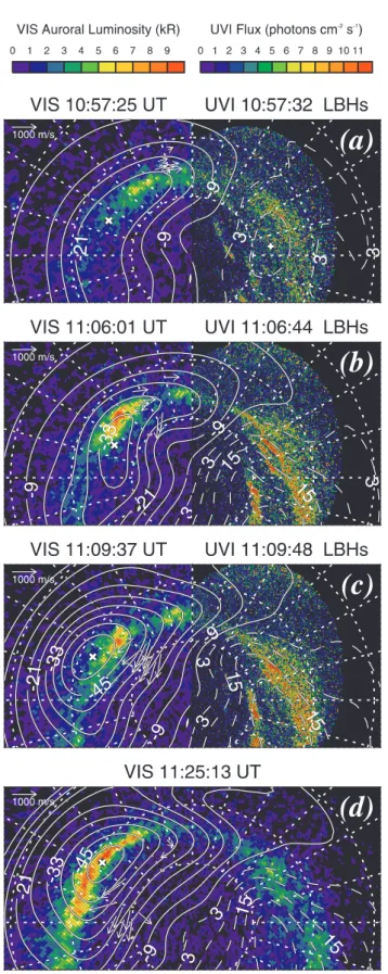 Fig. 5. The dayside utraviolet aurora measured by the VIS Earth Camera and UVI and the spherical harmonic expansion of the  iono-spheric equipotential contours deduced from the map potential  tech-nique (Ruohoniemi and Baker, 1998)
