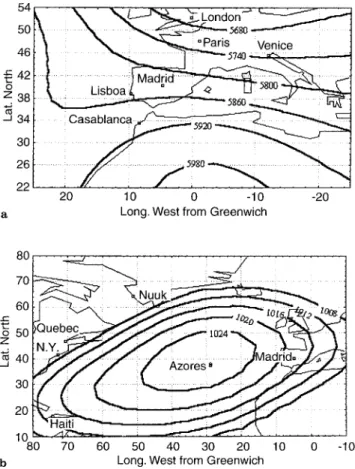Fig. 2. a Upper: geopotential pattern over the western Mediterranean in July 1950. b Lower: sea-level pressure pattern over the North Atlantic area in July 1950