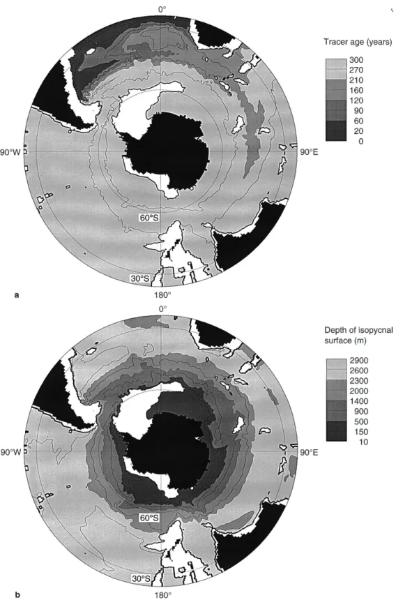 Fig. 2. a A section on r 3 =41.48 illustrating the age of tracer introduced at the  Atlan-tic Ocean boundary (24  S).