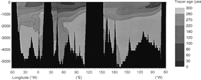 Fig. 7. A zonal section at 27  S circling the globe illustrating the age of tracer introduced at the Drake Passage (71  W)