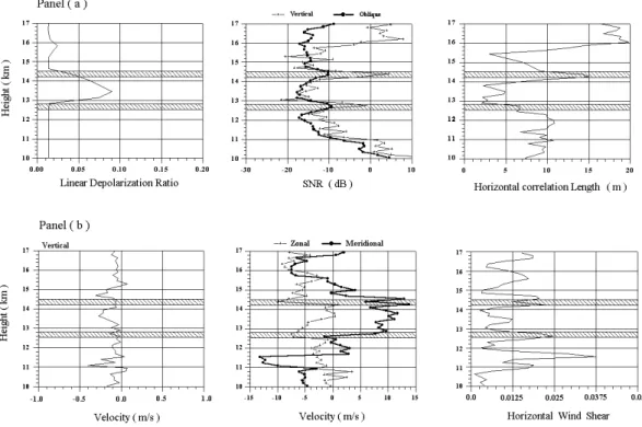 Fig. 5. Panel (a) Height profiles of lidar LDR, radar vertical and oblique beam SNR and derived horizontal correlation lengths for Case 1.