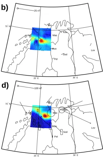 Fig. 2. Two-dimensional map of observations from the IMAGE network and the imaging riometer IRIS at Kilpisj¨arvi, Finland on 5 October 1999 from (a) 19:57:40 UT (b) 20:30:10 UT and (c-e) on 25 October 1999 from 17:10:50 to 17:11:10 UT with 10 second resolu