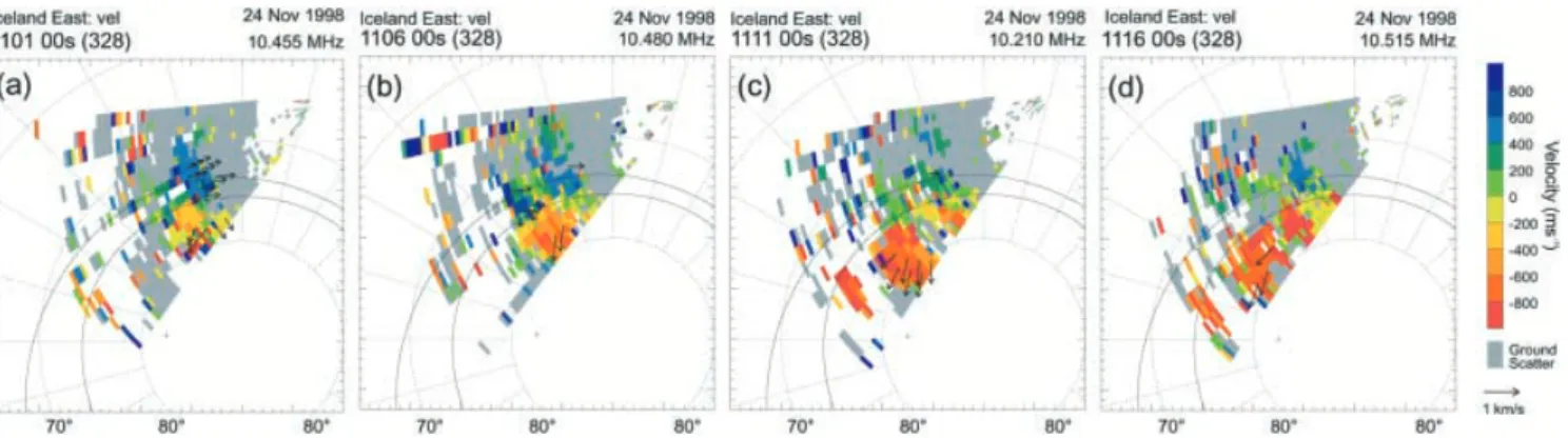Fig. 6. The progression of the PIF through the Iceland East radar ®eld-of-view in the same format as Fig