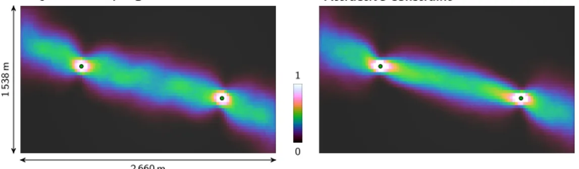 Figure 11 E-maps of 1 000 realizations conditioned to two well channel data using two different conditioning processes