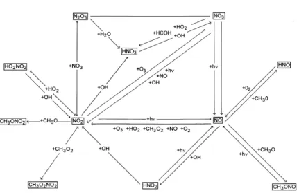 Fig. 1. The gas phase nitrogen cycle as included in the model. This reaction schematic is based on the reactions involving nitrogen listed in Table 1.