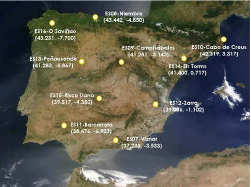 Figure 1. Location of EMEP stations in Spain with data available for the year 2004 used for the validation and comparison of CMAQ and CHIMERE chemistry transport models.