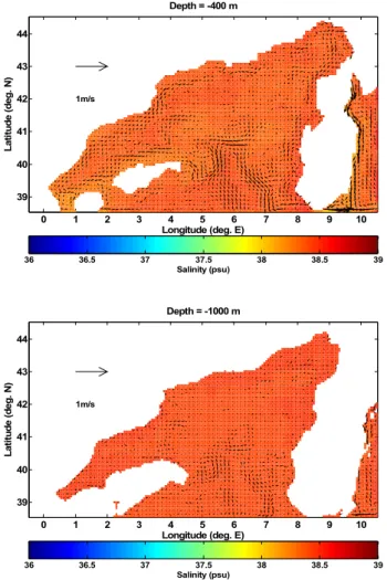 Fig. 16. Velocity field and horizontal distribution of salinity: at 400- 400-m depth (upper panel) and at 1000-400-m depth (lower panel) during February from the climatological experiment.
