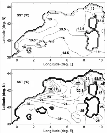 Fig. 4. Spatial distribution of Evaporation rate (E) from ECMWF 1979–1993 reanalysis data minus Precipitation (P) from Legates and Willmot (1991) monthly climatology: February (upper panel) and August (lower panel)