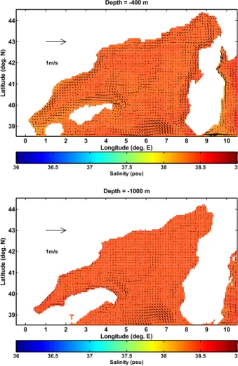 Fig. 12. Velocity field and horizontal distribution of salinity: at 400- 400-m depth (upper panel) and at 1000-400-m depth (lower panel) during August from the climatological experiment.