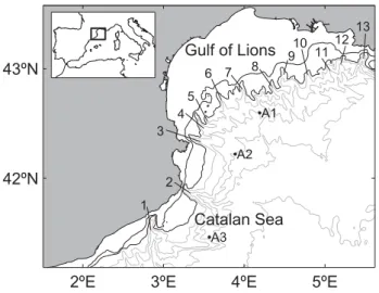 Fig. 1. Model domain of the northwestern Mediterranean and bathymetry. The 100 and 200 m isobaths are plotted with black lines, and the 500, 1000, 1500, 2000 and 2500 m isobaths with gray lines